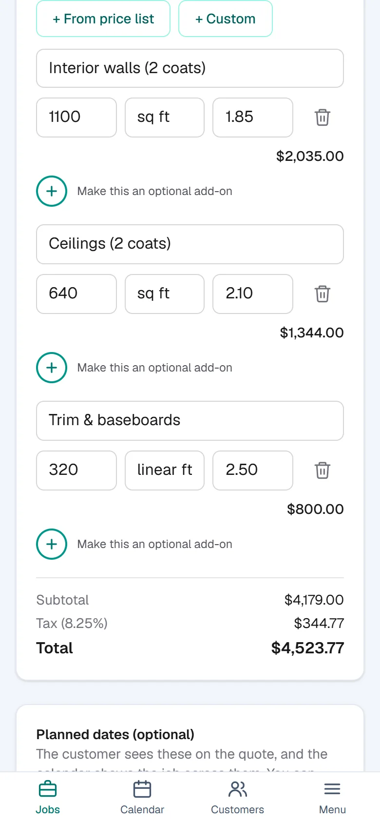 The quote builder with three line items from the price list, quantities filled in, and a running total.