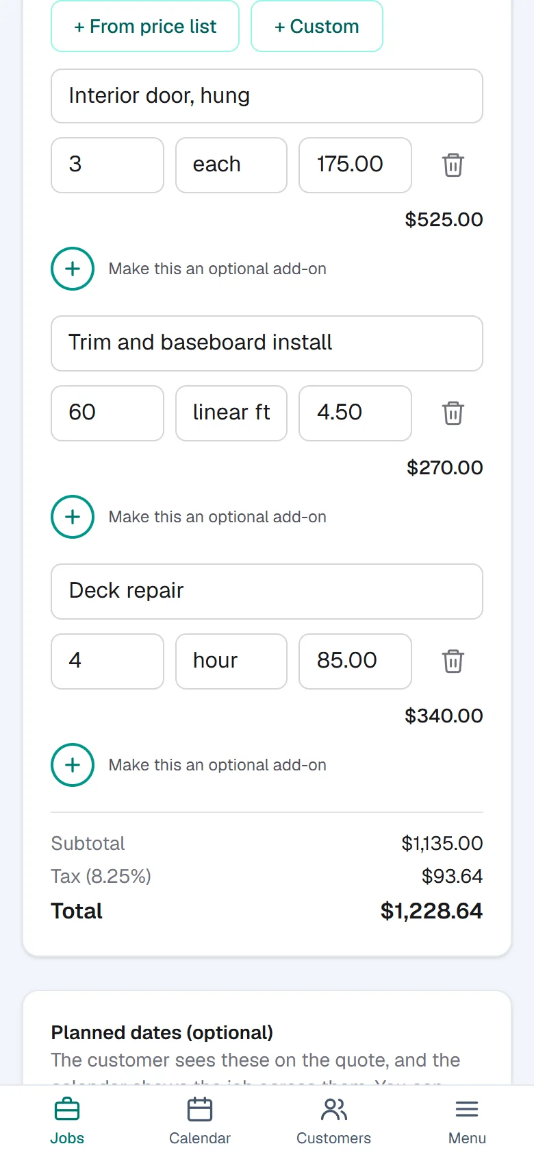The quote builder for Oakridge Carpentry: line items from the price list, quantities filled in, and a running total.