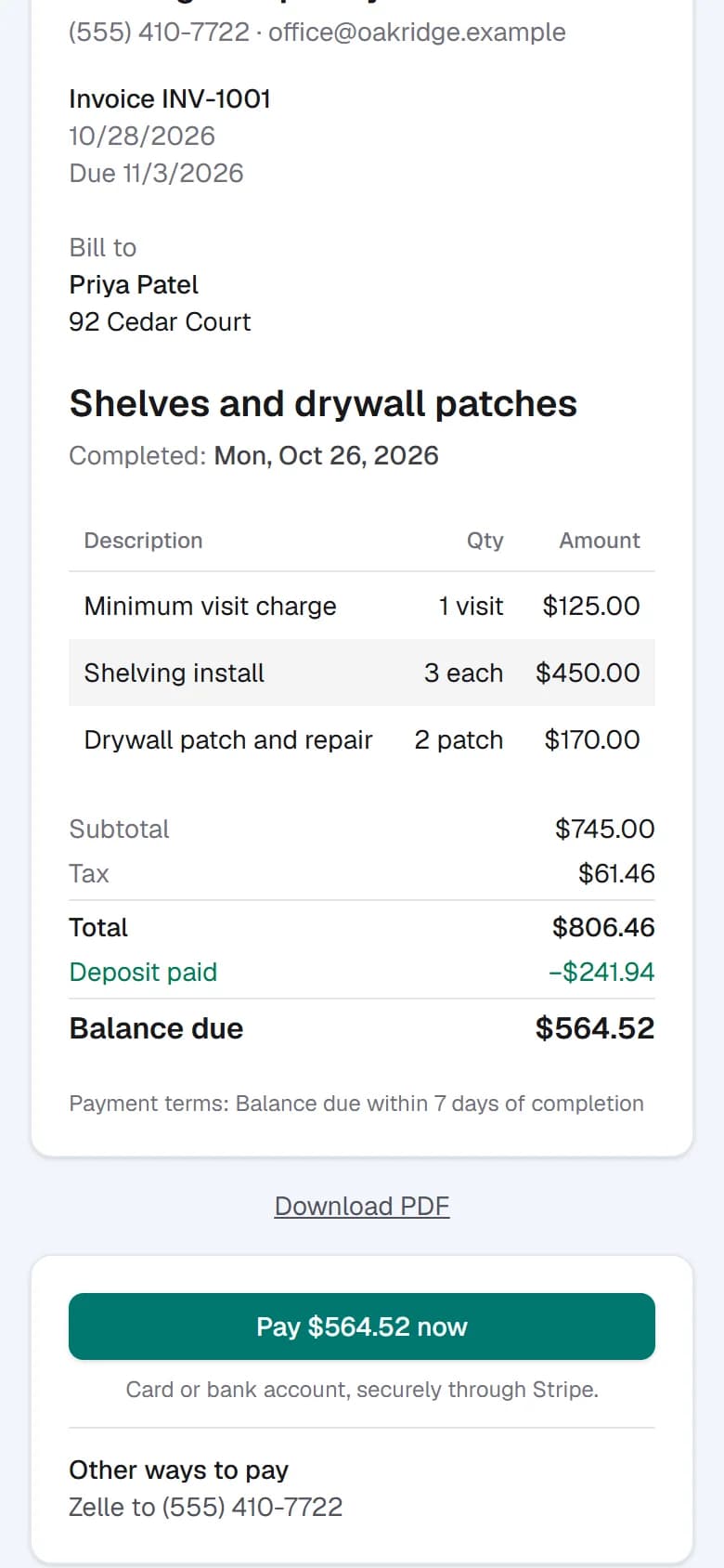 A customer's invoice showing the deposit already paid, the balance due, and a pay-now button.