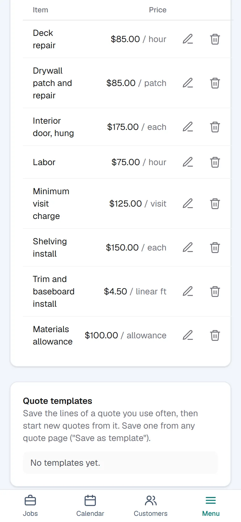The price list: minimum visit charge, labor, interior door, hung and more, each with a unit and a price.