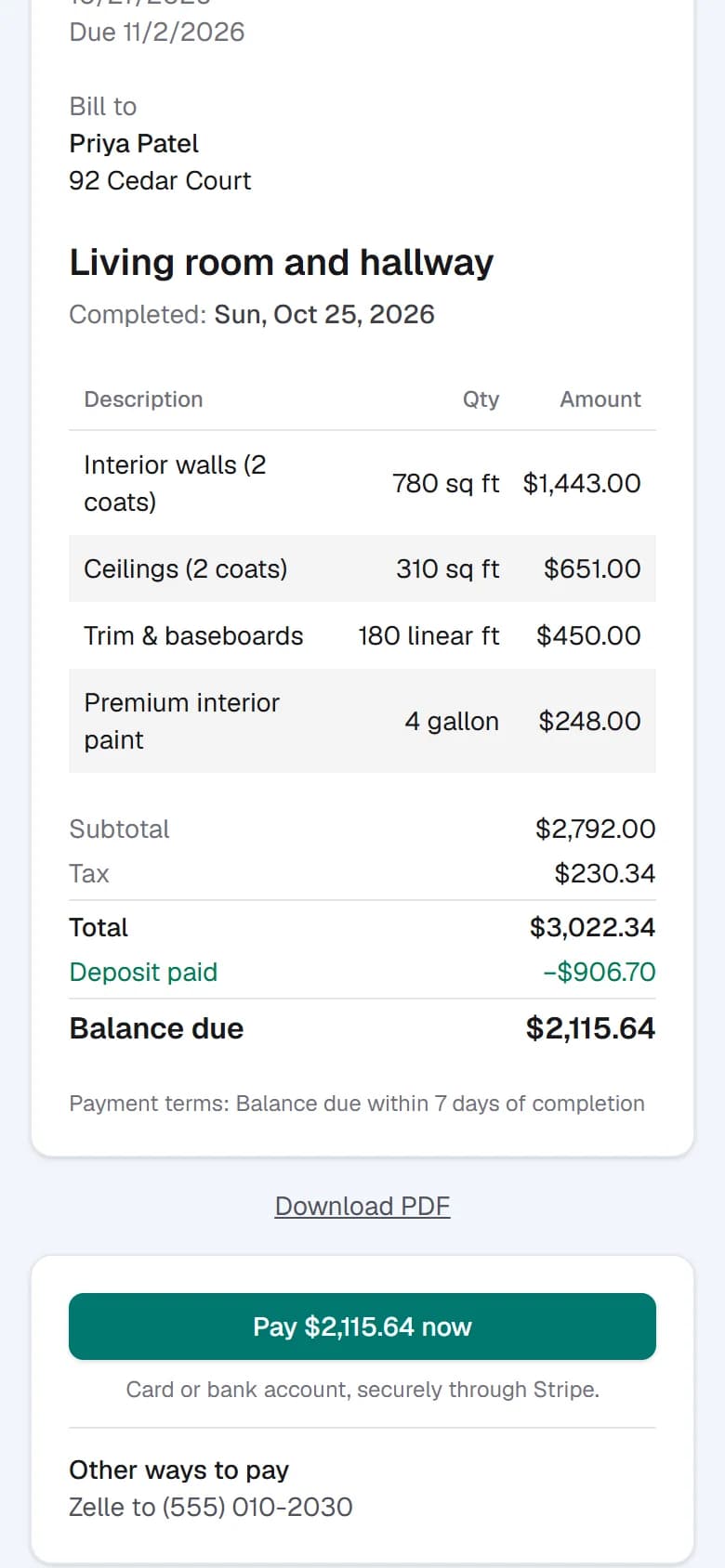 A customer's invoice showing the deposit already paid, the balance due, and a pay-now button.