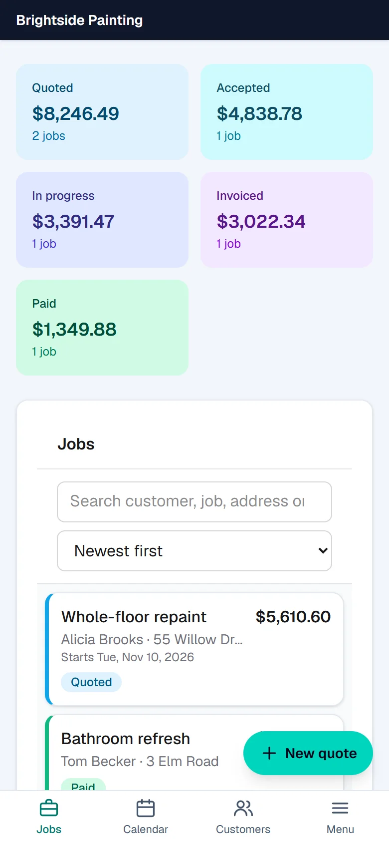 The dashboard: five colored cards for each stage of a job, and a list of jobs that need attention.