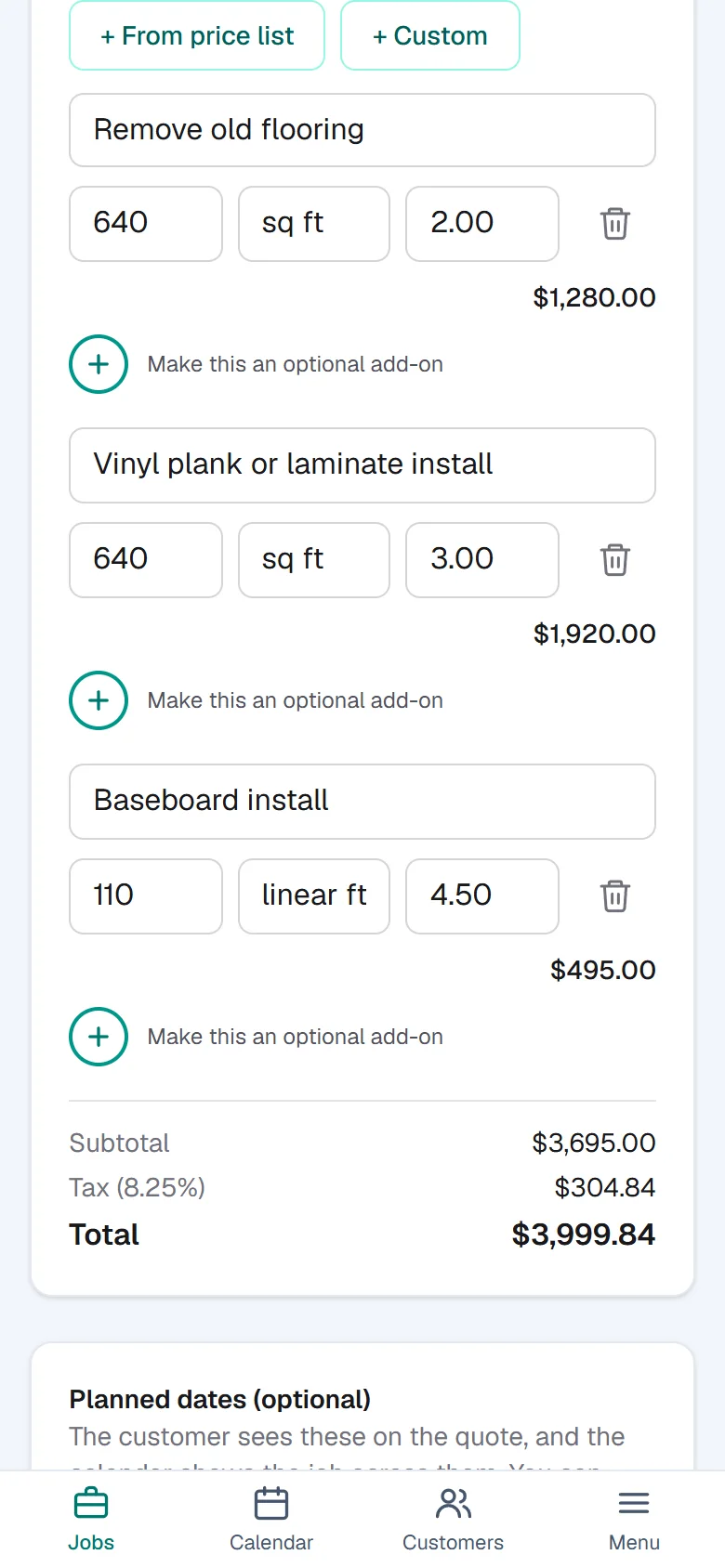 The quote builder for Truline Flooring: line items from the price list, quantities filled in, and a running total.