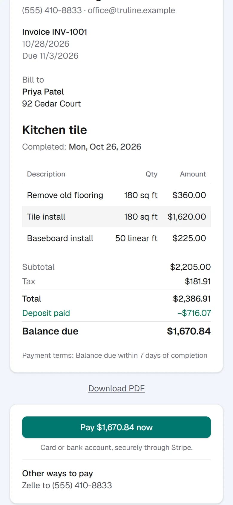 A customer's invoice showing the deposit already paid, the balance due, and a pay-now button.