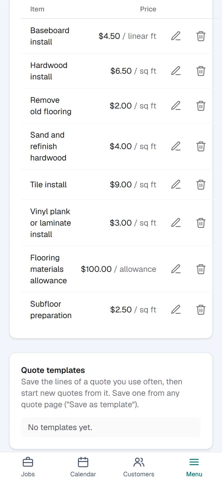 The price list: remove old flooring, subfloor preparation, vinyl plank or laminate install and more, each with a unit and a price.