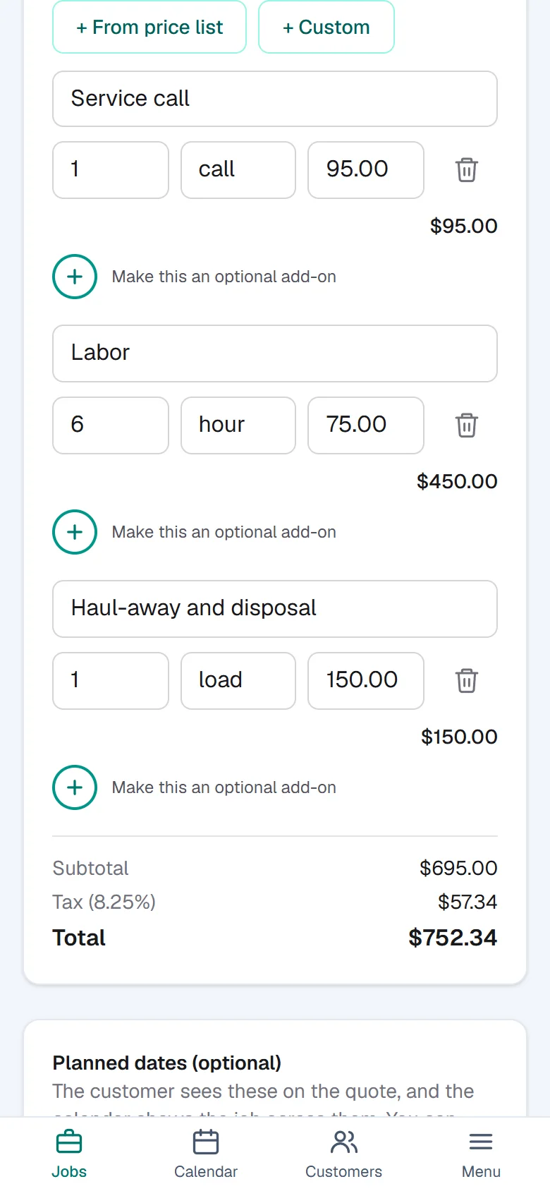 The quote builder for Northside Home Services: line items from the price list, quantities filled in, and a running total.