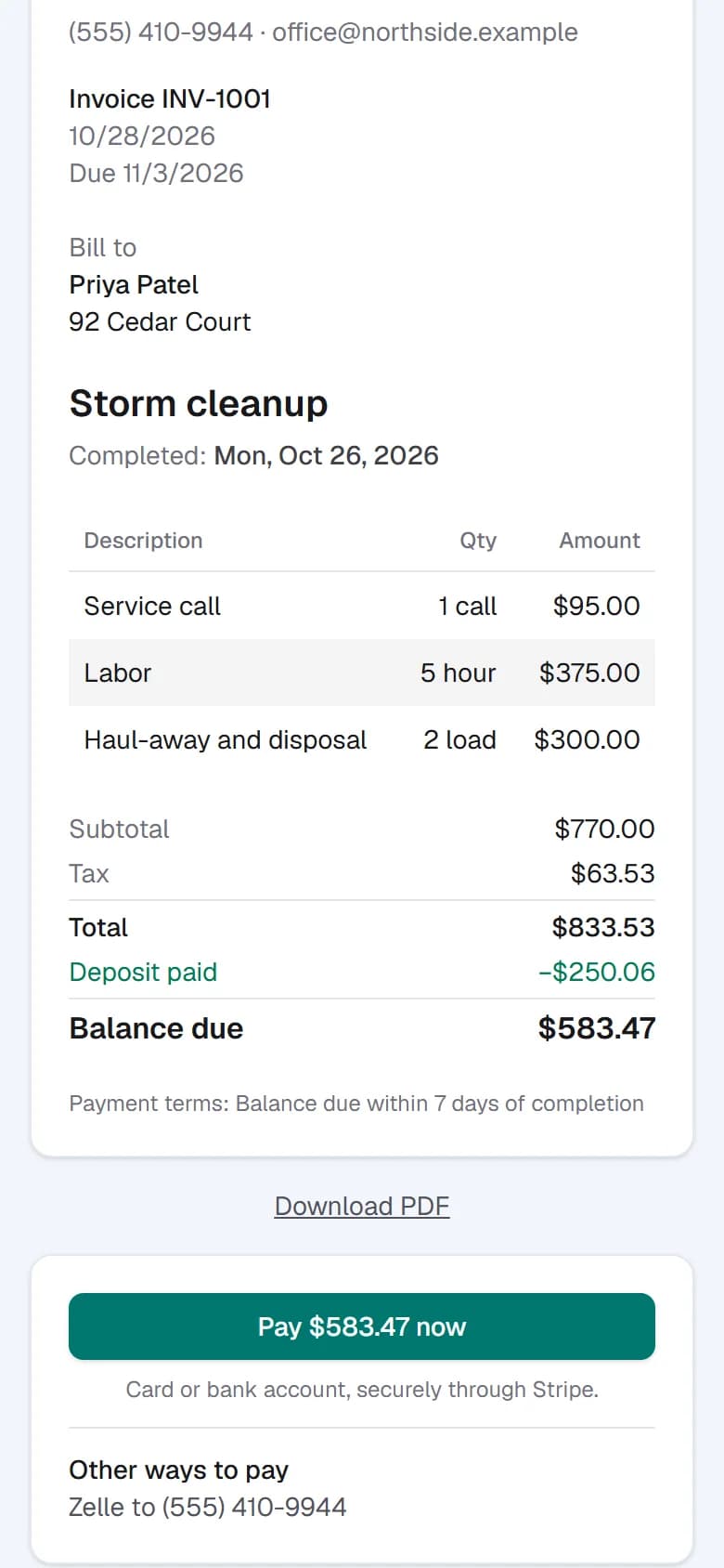 A customer's invoice showing the deposit already paid, the balance due, and a pay-now button.