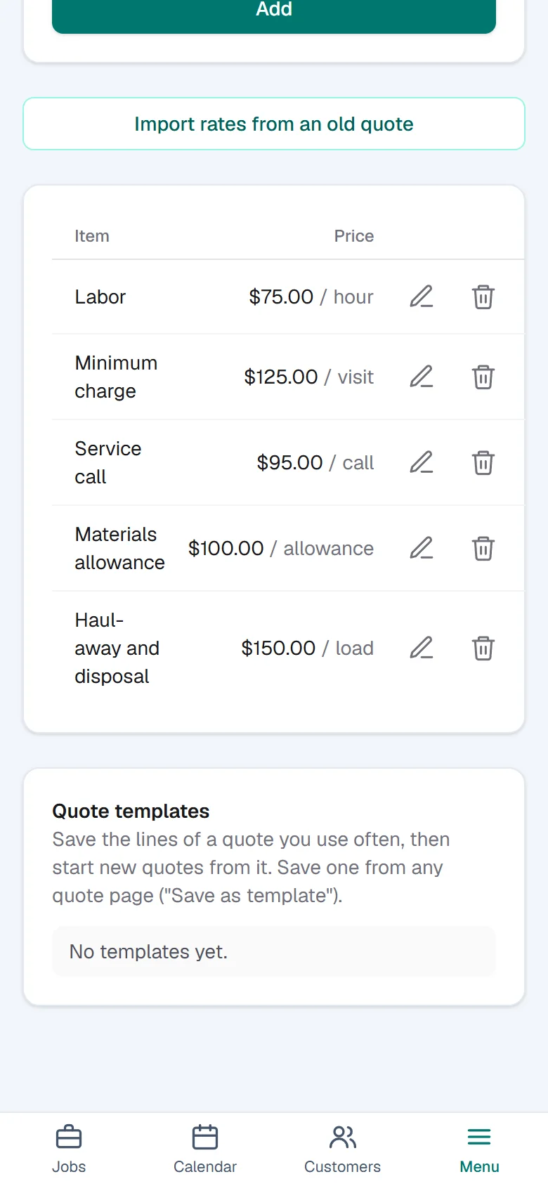 The price list: service call, minimum charge, labor and more, each with a unit and a price.