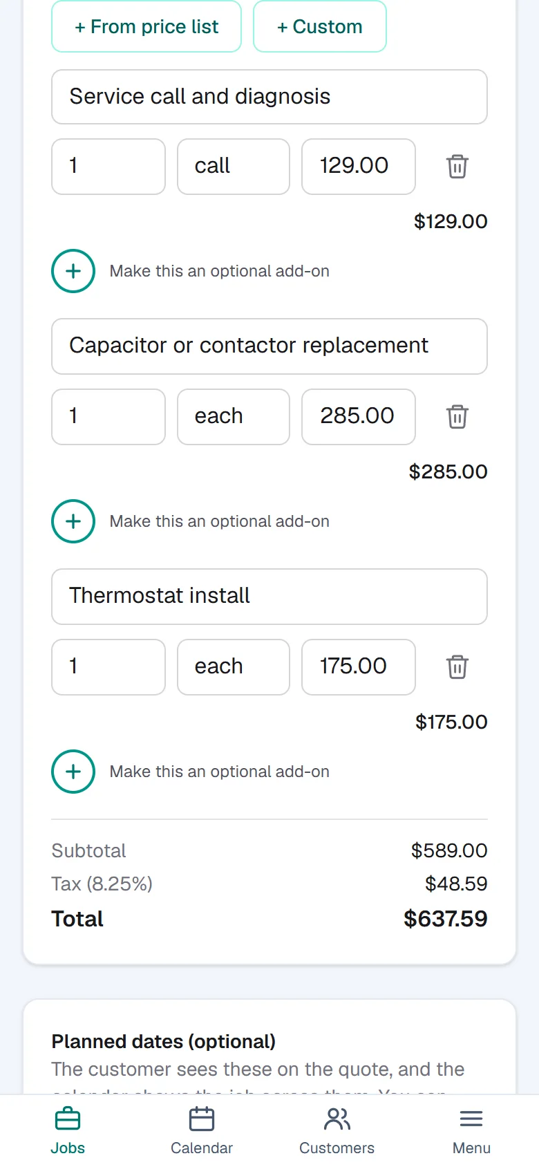 The quote builder for Comfort Air Heating and Cooling: line items from the price list, quantities filled in, and a running total.