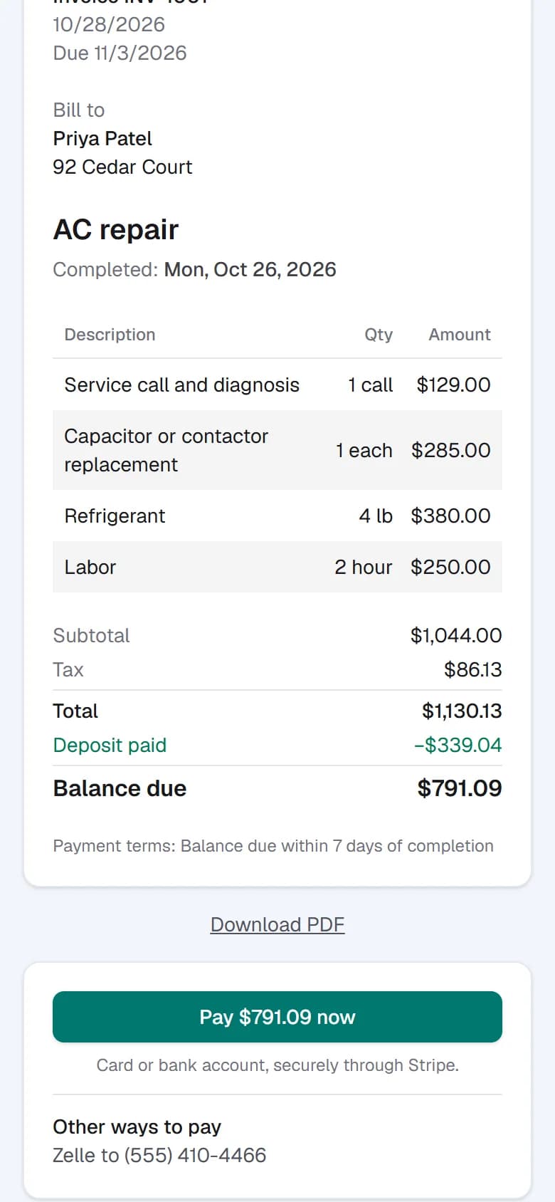 A customer's invoice showing the deposit already paid, the balance due, and a pay-now button.