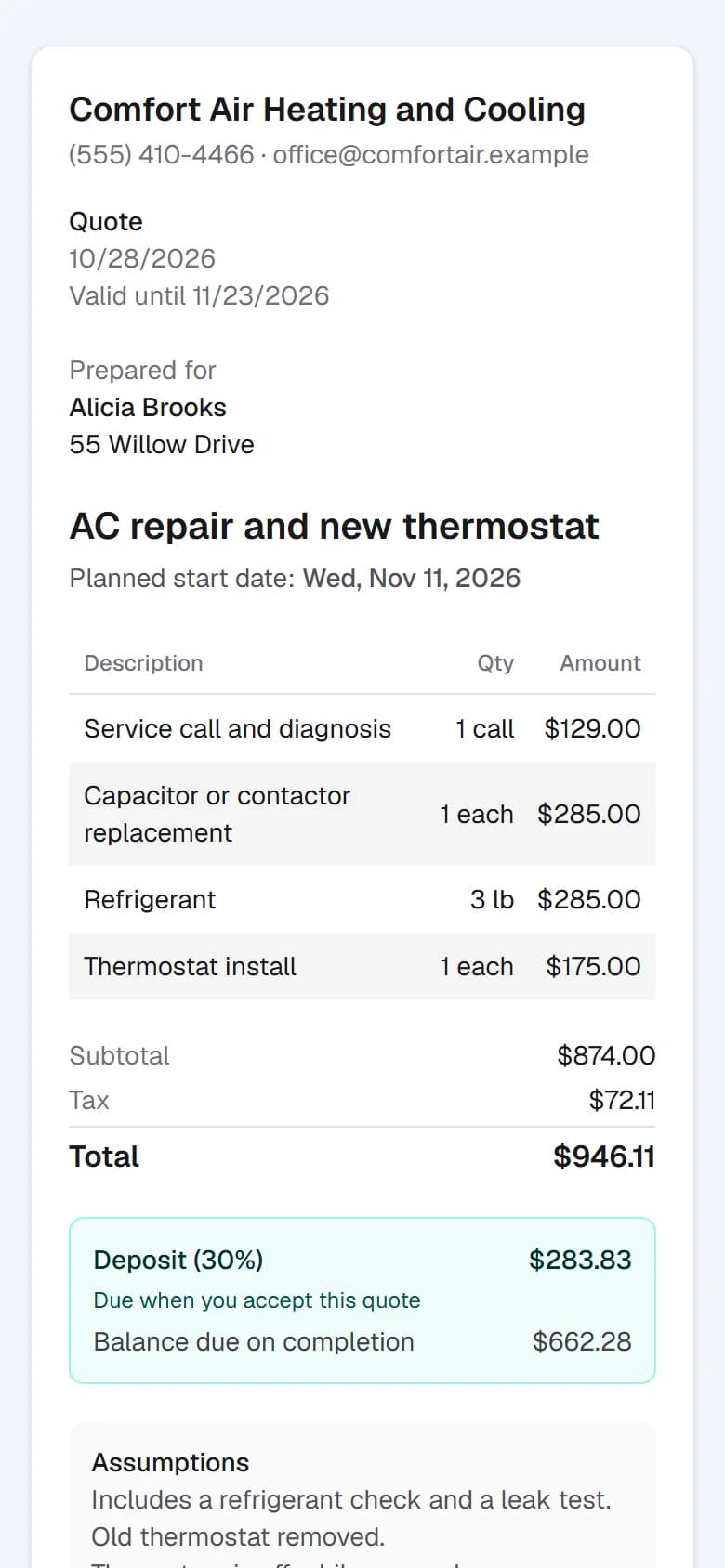 A quote from Comfort Air Heating and Cooling on a customer's phone, ready to accept.