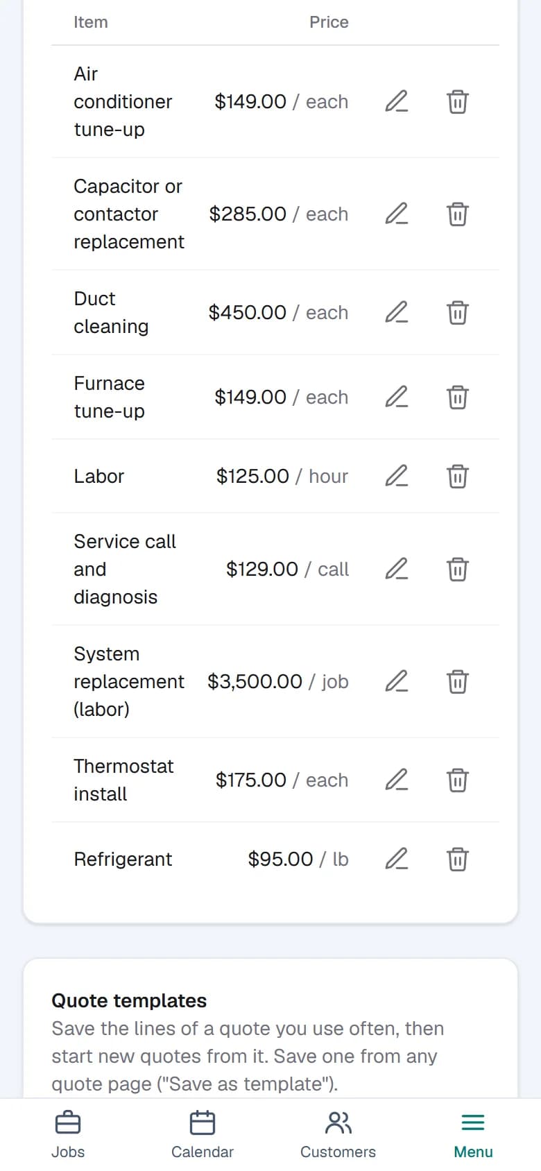 The price list: service call and diagnosis, labor, air conditioner tune-up and more, each with a unit and a price.