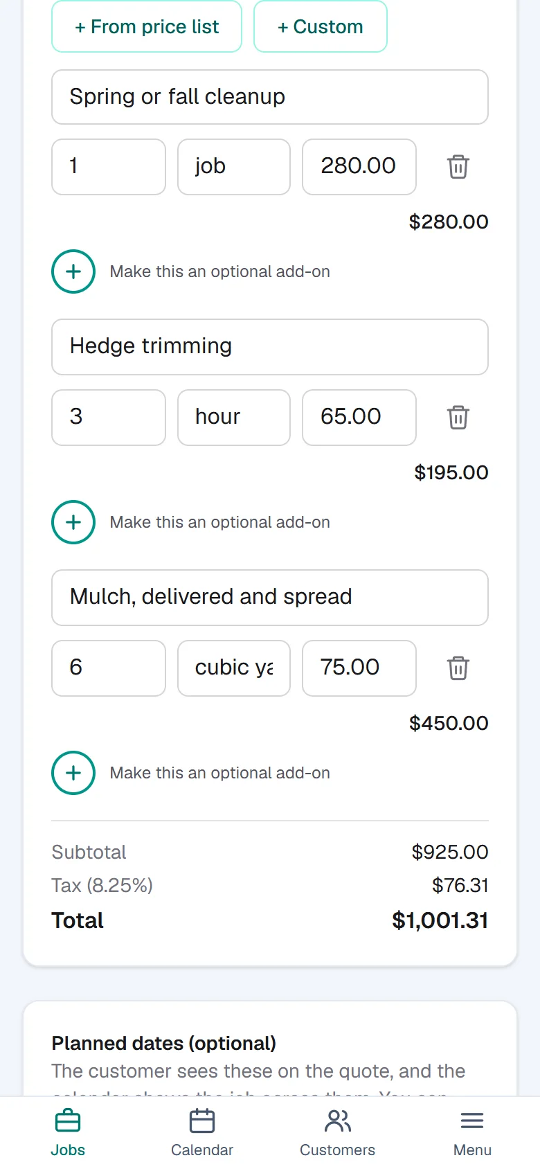 The quote builder for Greenleaf Lawn and Garden: line items from the price list, quantities filled in, and a running total.
