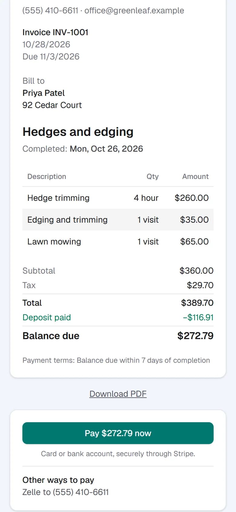 A customer's invoice showing the deposit already paid, the balance due, and a pay-now button.