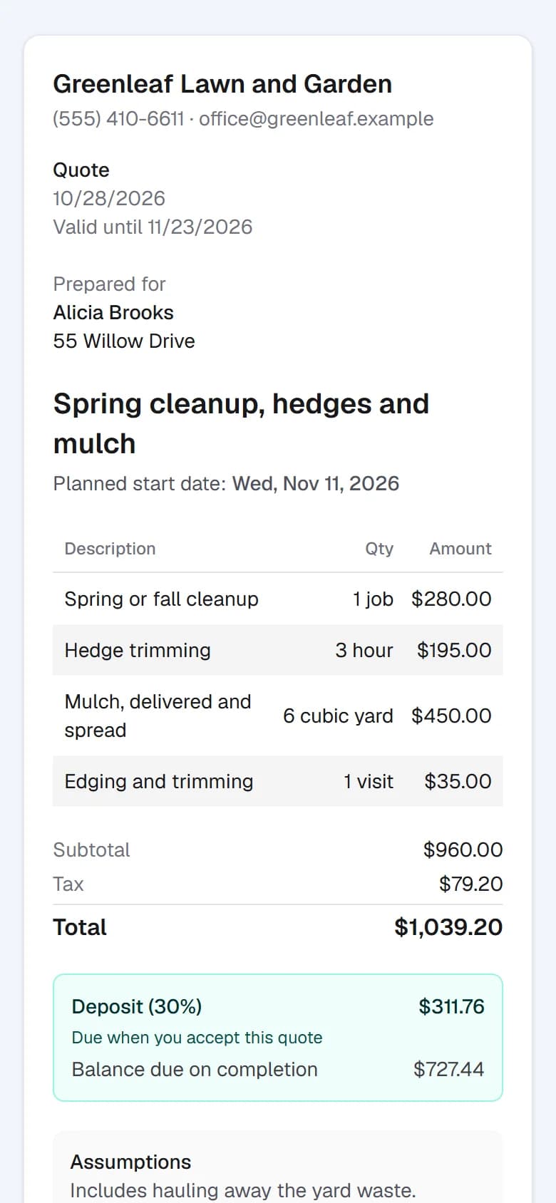 A quote from Greenleaf Lawn and Garden on a customer's phone, ready to accept.