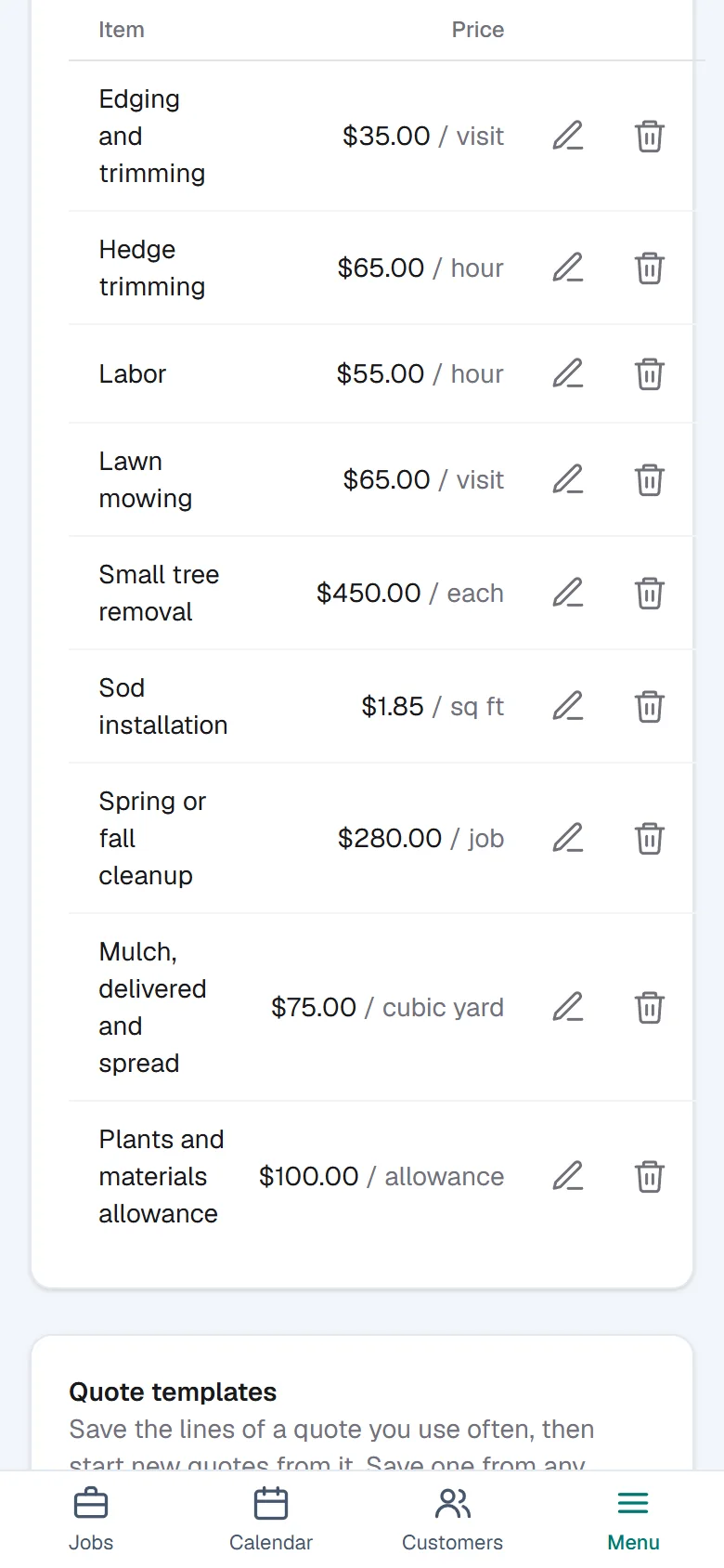 The price list: lawn mowing, edging and trimming, hedge trimming and more, each with a unit and a price.