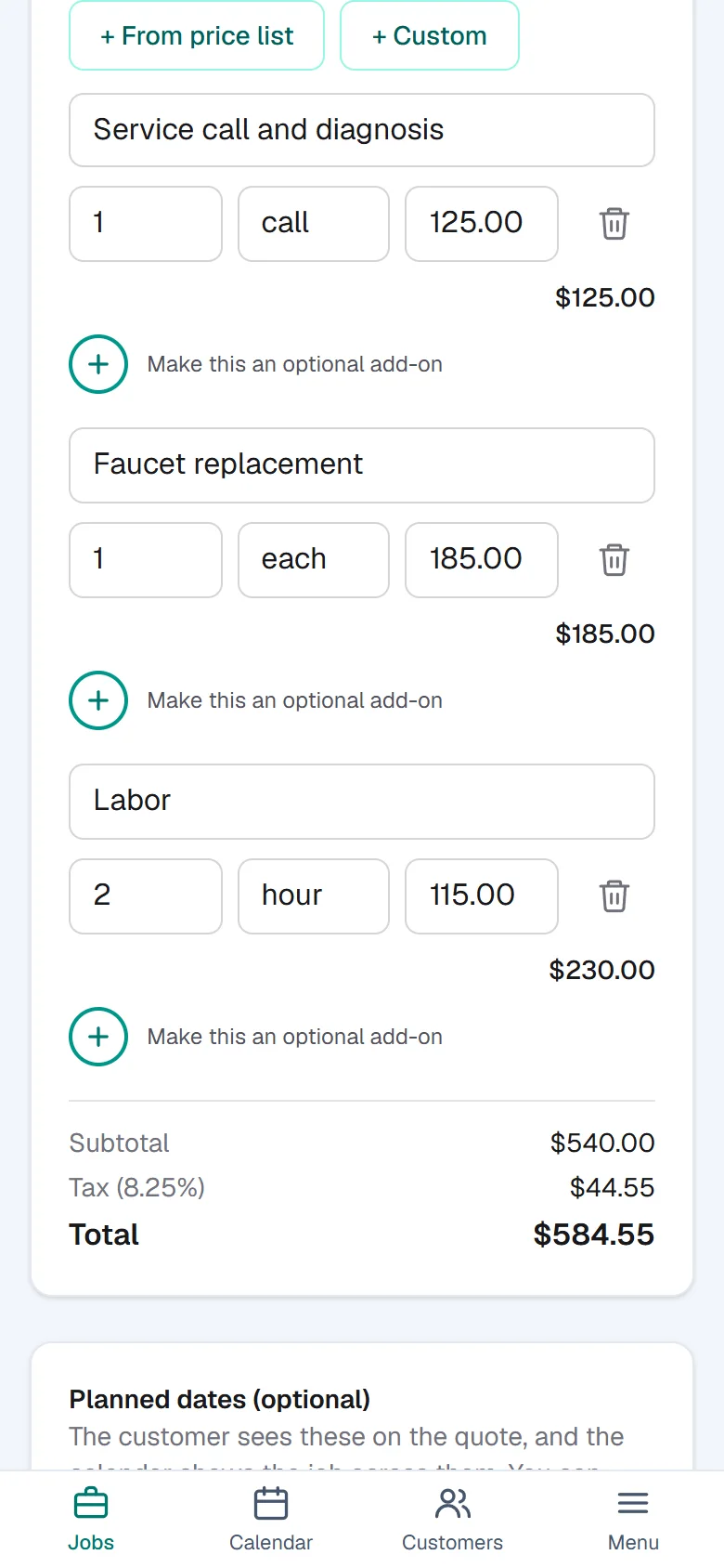 The quote builder for Clearwater Plumbing: line items from the price list, quantities filled in, and a running total.