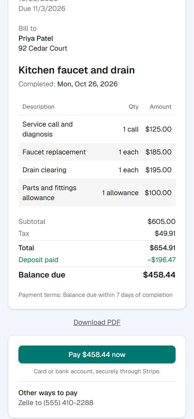 A customer's invoice showing the deposit already paid, the balance due, and a pay-now button.