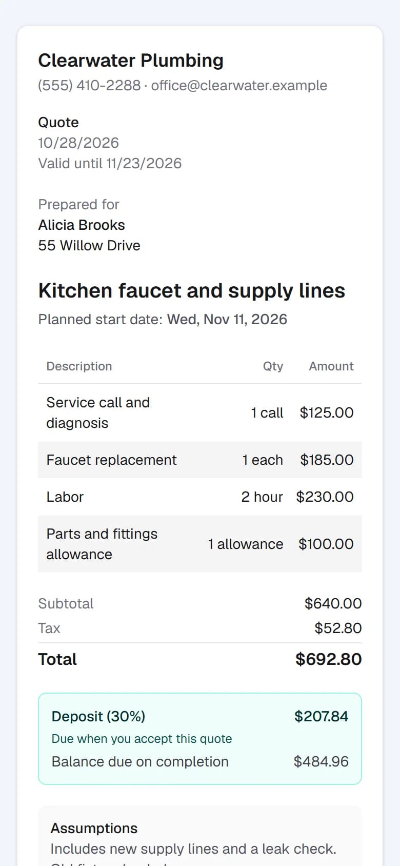A quote from Clearwater Plumbing on a customer's phone, ready to accept.