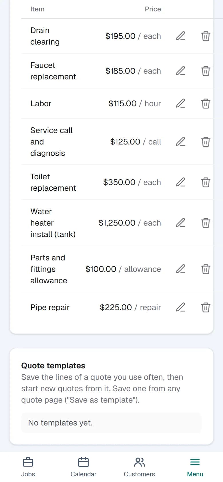 The price list: service call and diagnosis, labor, faucet replacement and more, each with a unit and a price.