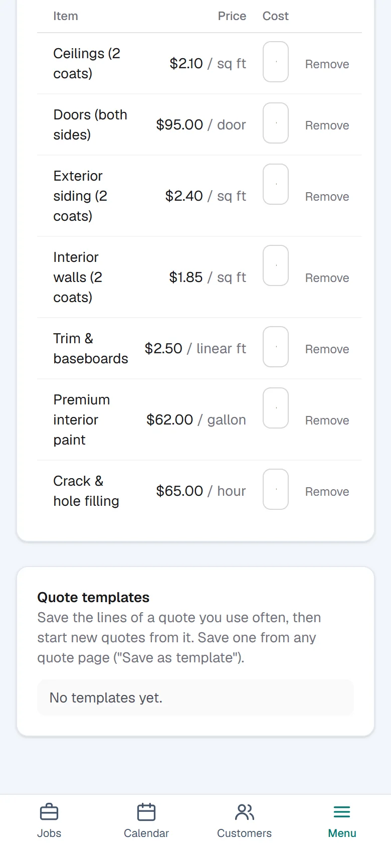 The price list: interior walls, ceilings, trim and doors, each with a unit and a price.