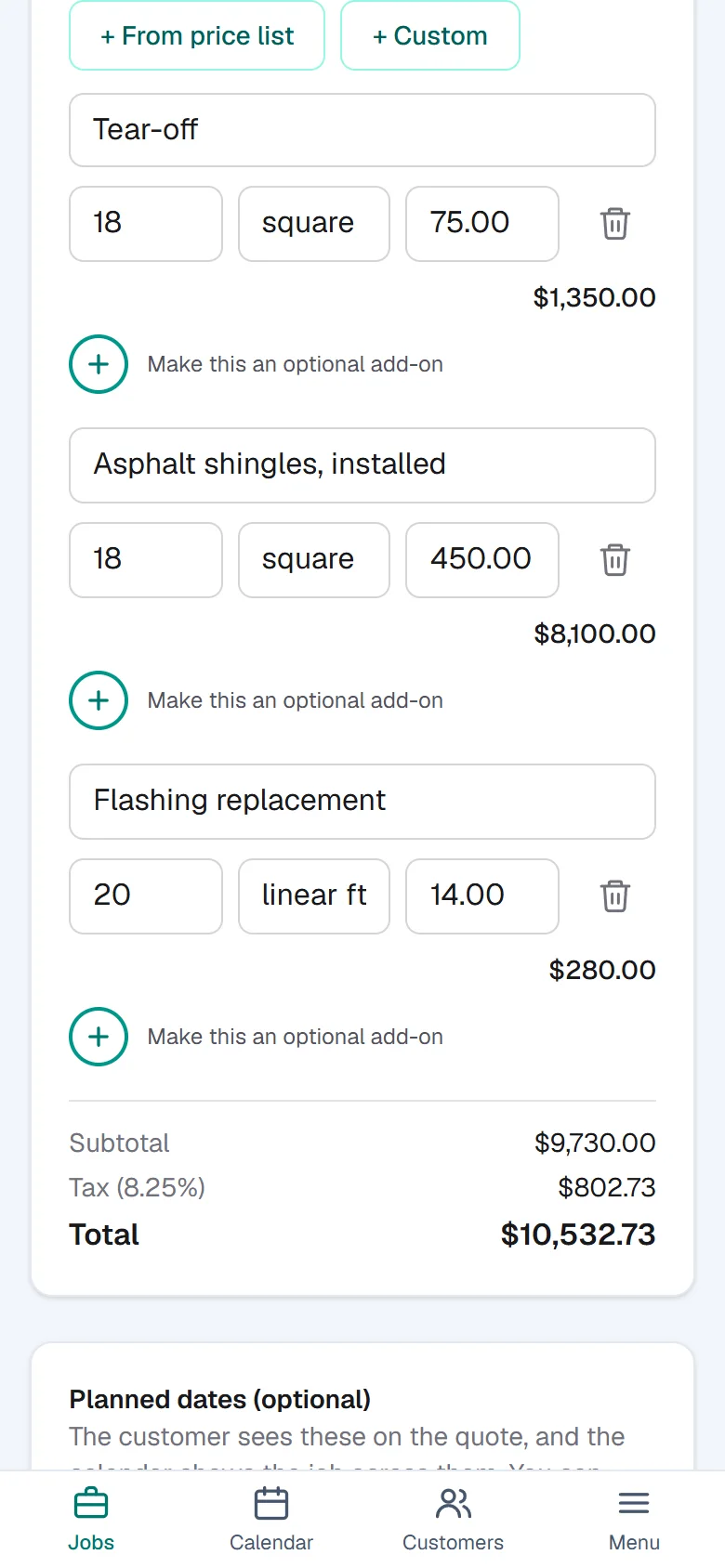 The quote builder for Summit Roofing: line items from the price list, quantities filled in, and a running total.