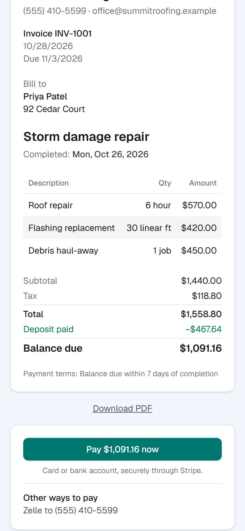 A customer's invoice showing the deposit already paid, the balance due, and a pay-now button.