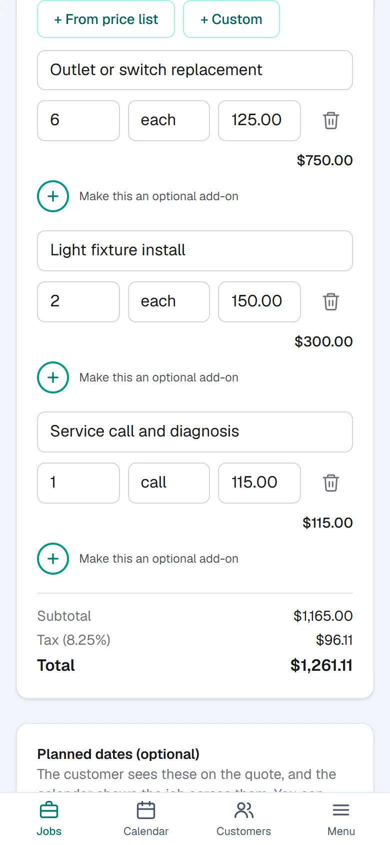 The quote builder for Brightwire Electric: line items from the price list, quantities filled in, and a running total.