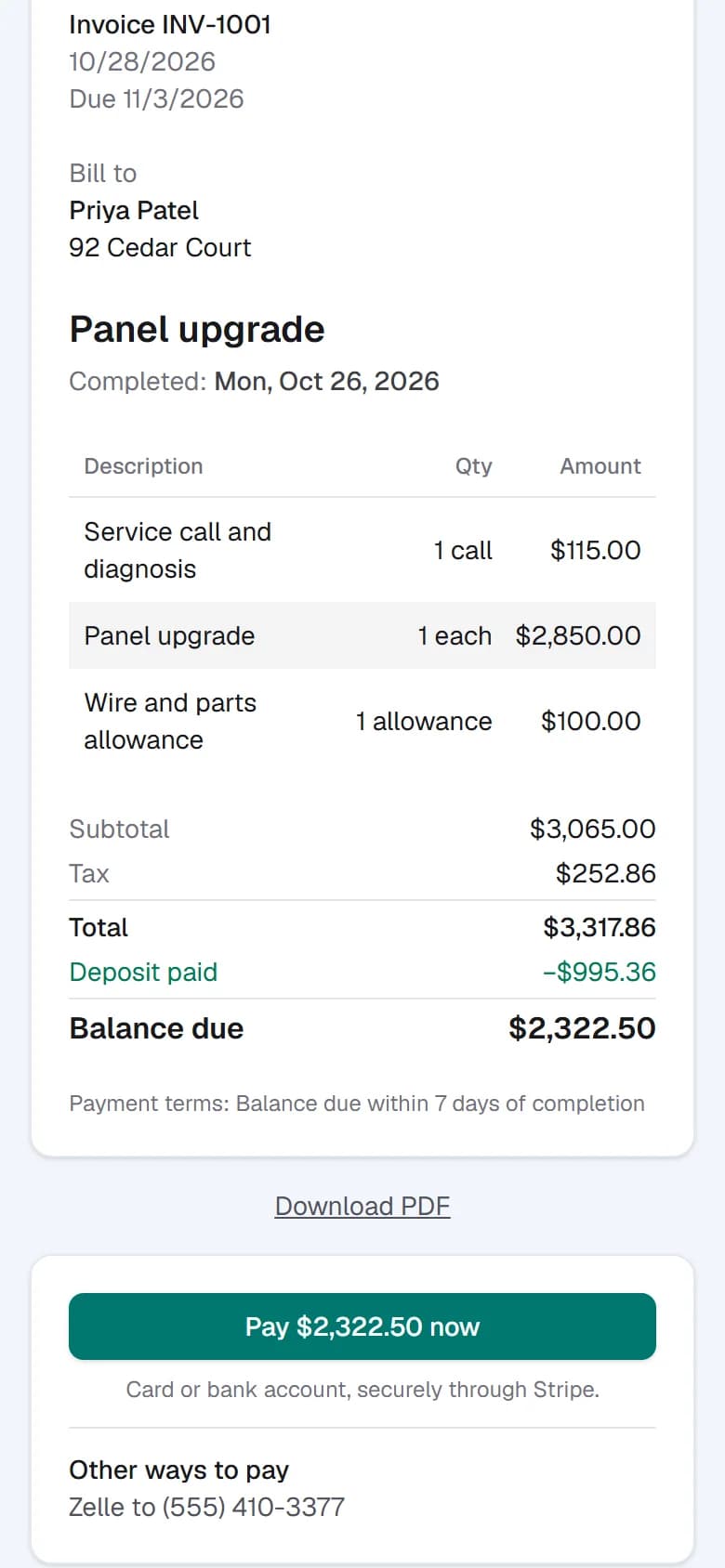 A customer's invoice showing the deposit already paid, the balance due, and a pay-now button.