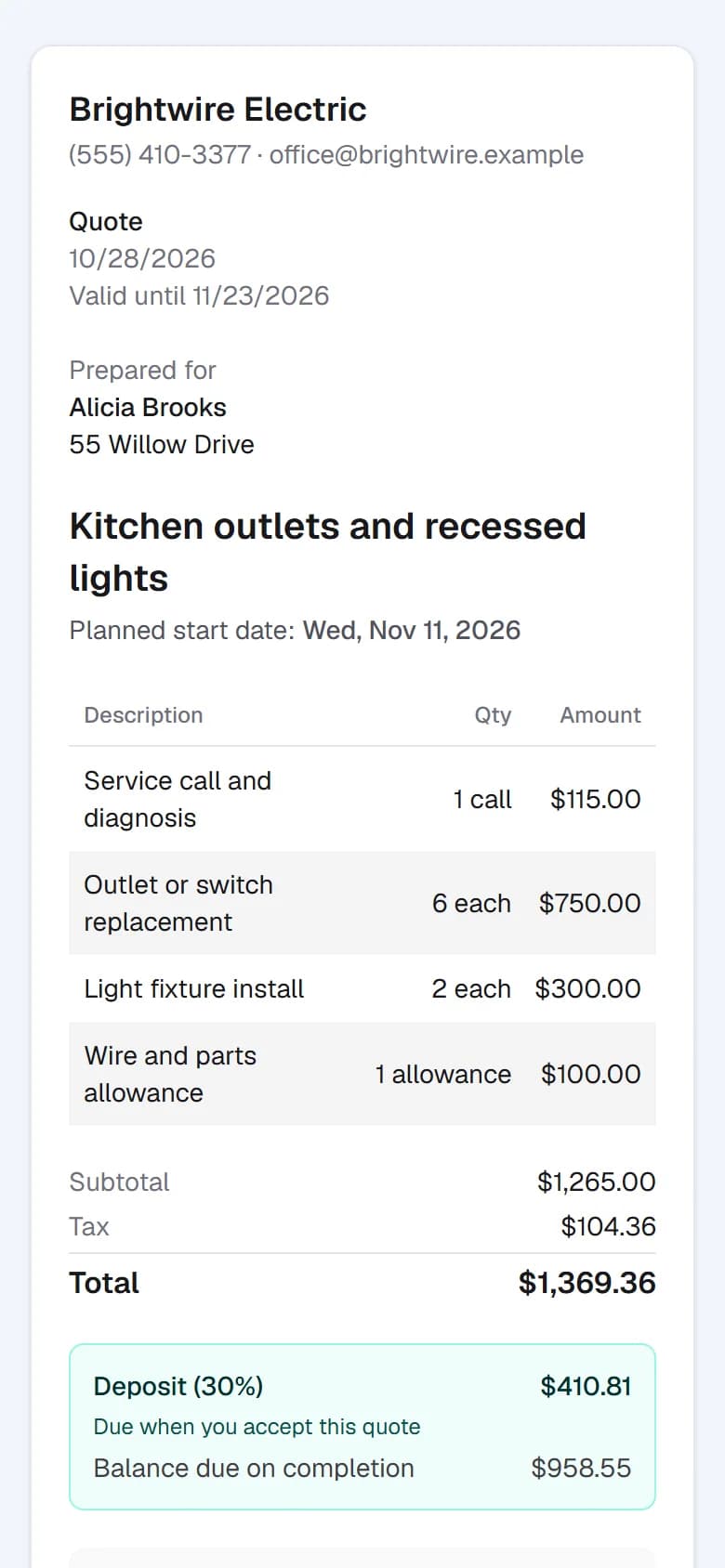 A quote from Brightwire Electric on a customer's phone, ready to accept.