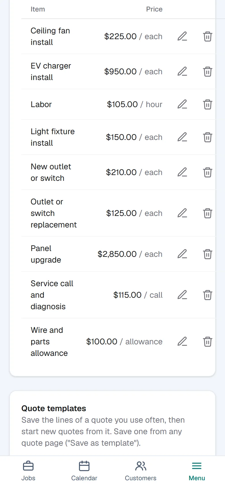 The price list: service call and diagnosis, labor, outlet or switch replacement and more, each with a unit and a price.